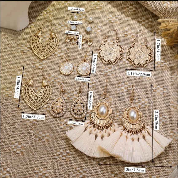 8 Pairs Boho Gold Pearl Drop Earrings Set - Picture 4 of 7